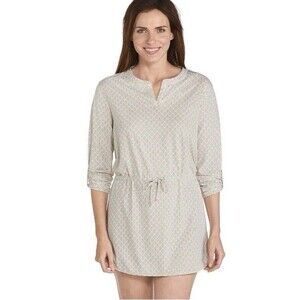 Coolibar UPF 50 Womens medium Seaboard CoverUp Taupe Leaves Roll Tab long Sleeve
